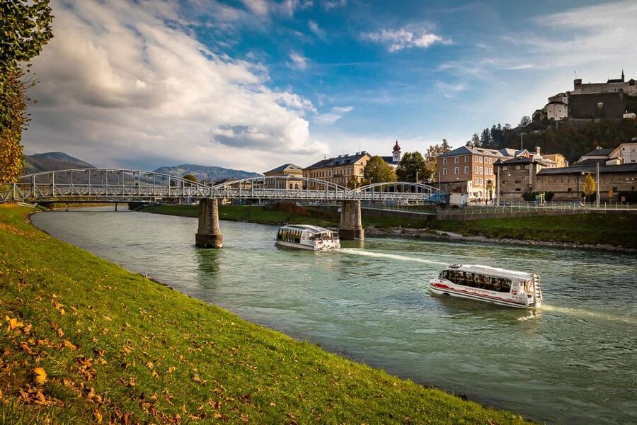 Salzburg: Boat Ride on the Salzach River - Hagen and Tennen mountains on the horizon